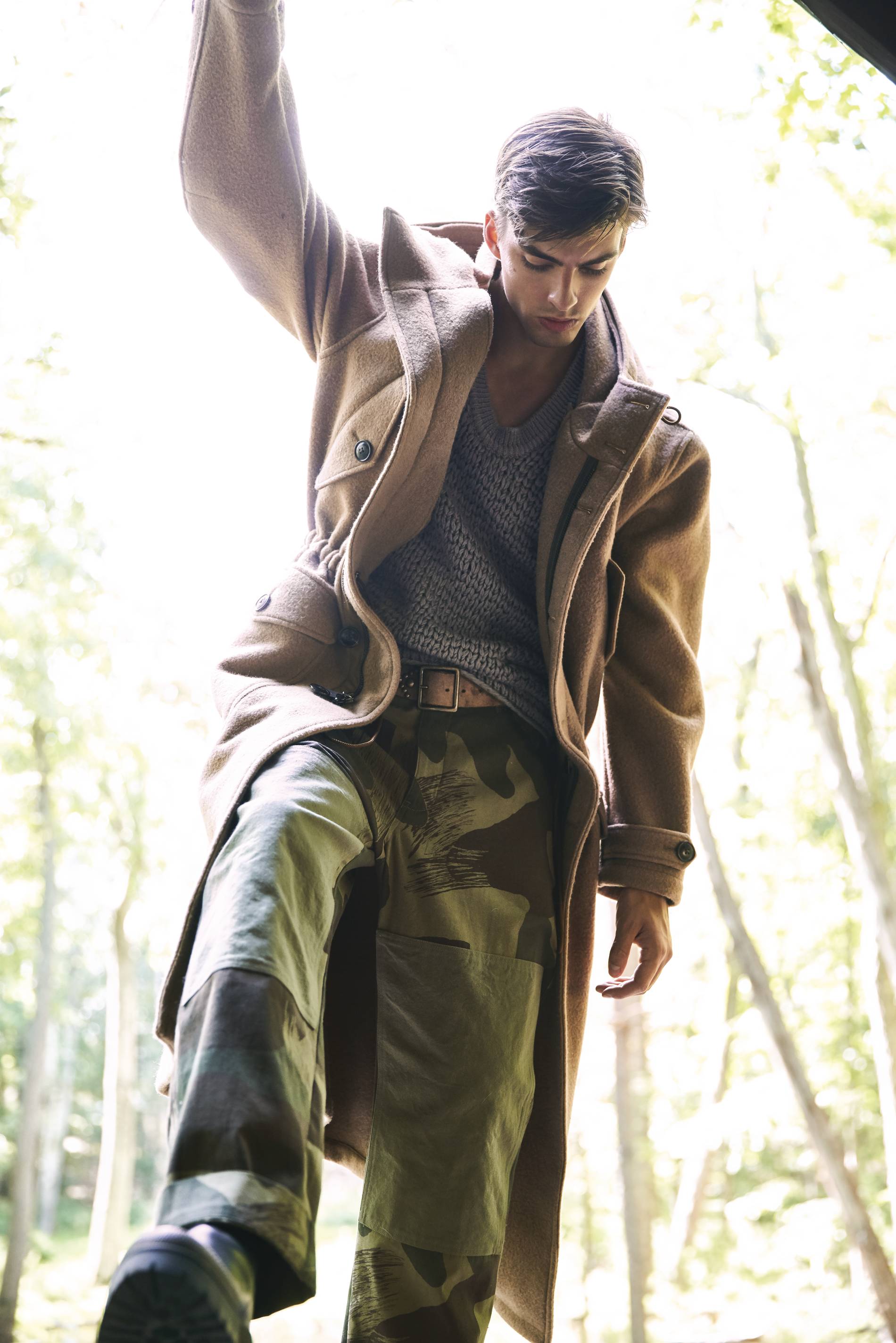 Todd Snyder camel coat and camouflage pants