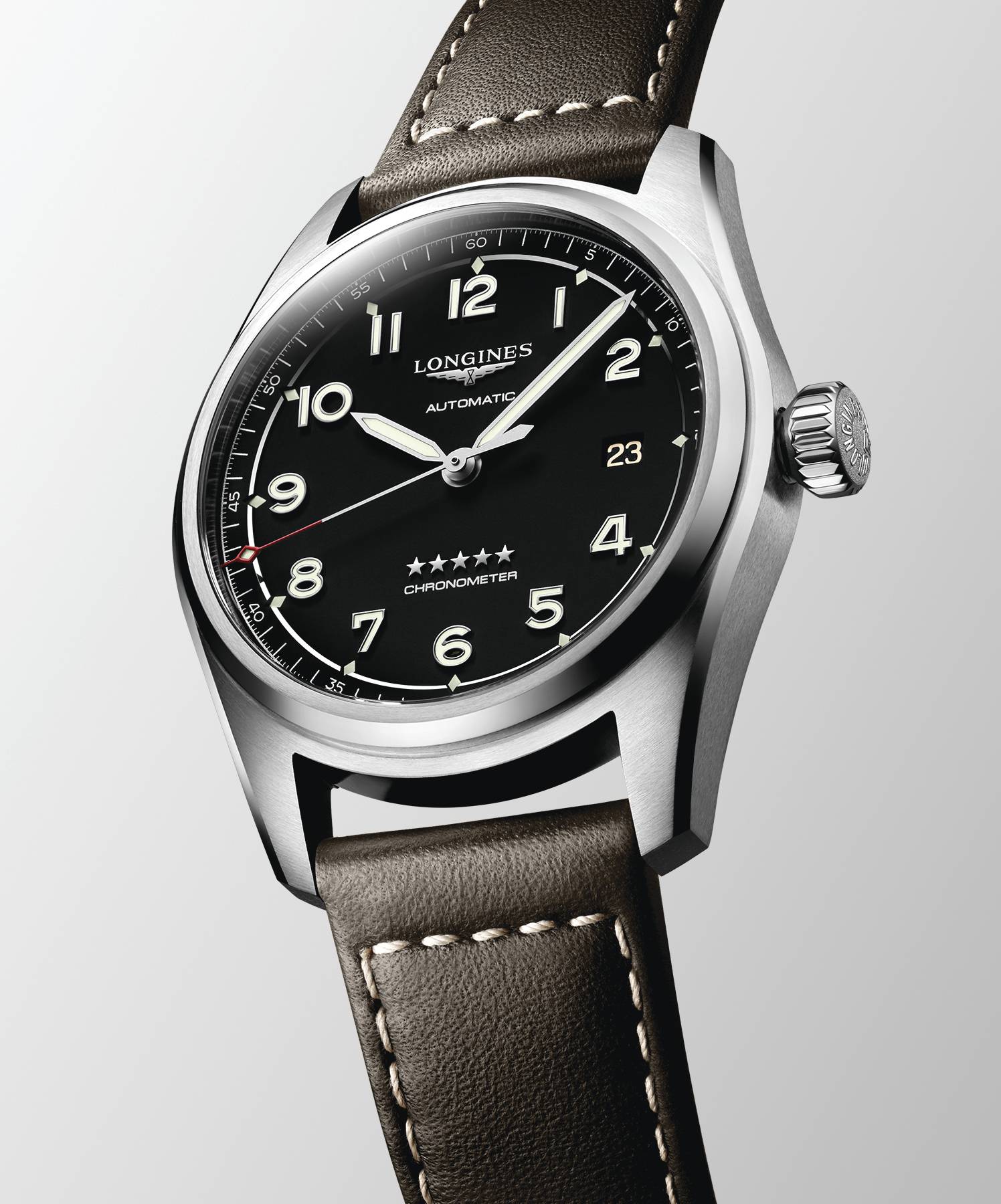 Longines Spirit timepiece with brown leather strap